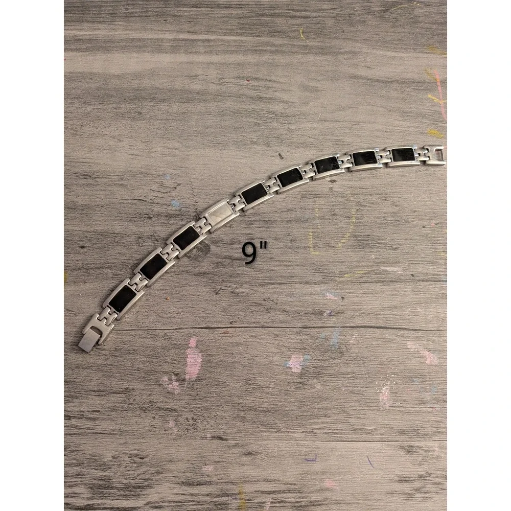Mens Stainless Steel Black Enamel Link‎ Bracelet Silver Tone 9 Inch Modern Style